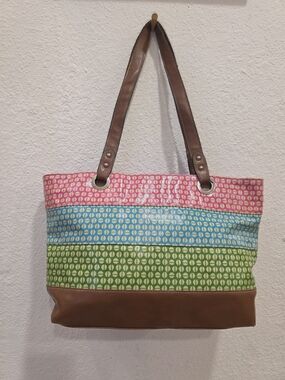 Striped Multi-Color Pattern Tote Bag with Brown Trim